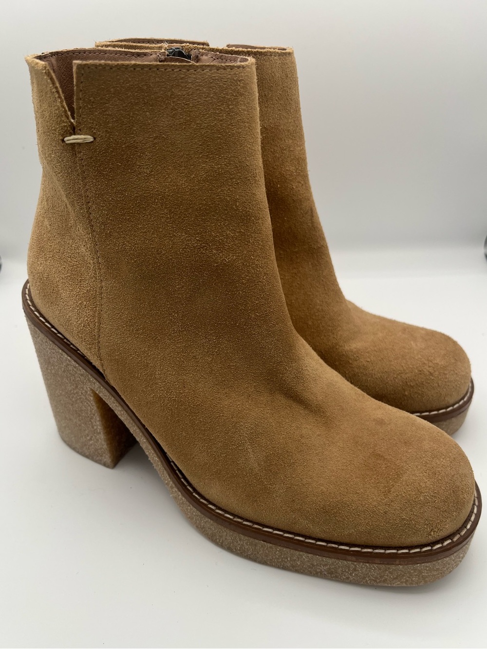Yokono “Gela” Tan Suede, Chunky Rubber Heel Ankle Boot